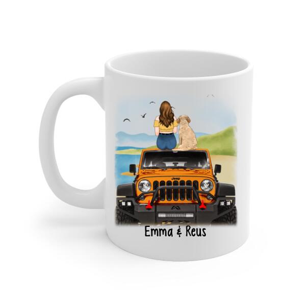 Personalized Mug, Girl With Pets Sitting On Car - Adventure Partners For Life, Gift For Car Lovers, Dog Lovers, Cat Lovers