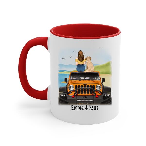 Personalized Mug, Girl With Pets Sitting On Car - Adventure Partners For Life, Gift For Car Lovers, Dog Lovers, Cat Lovers