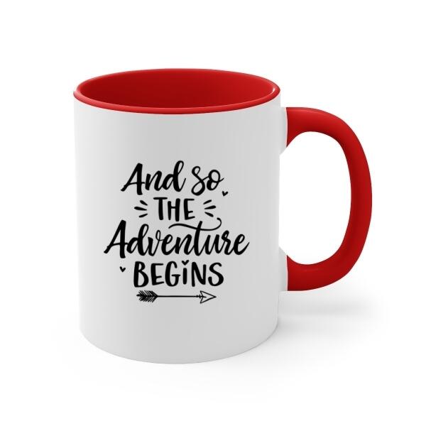 Personalized Mug, Couple With Pets Sitting On Car - And So The Adventure Begins, Gift For Couple, Car Lovers, Dog Lovers, Cat Lovers