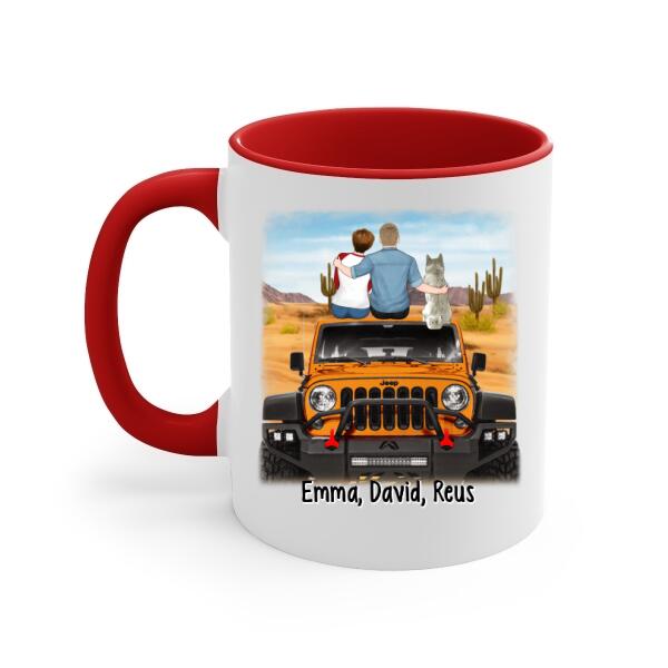 Personalized Mug, Couple With Pets Sitting On Car - And So The Adventure Begins, Gift For Couple, Car Lovers, Dog Lovers, Cat Lovers