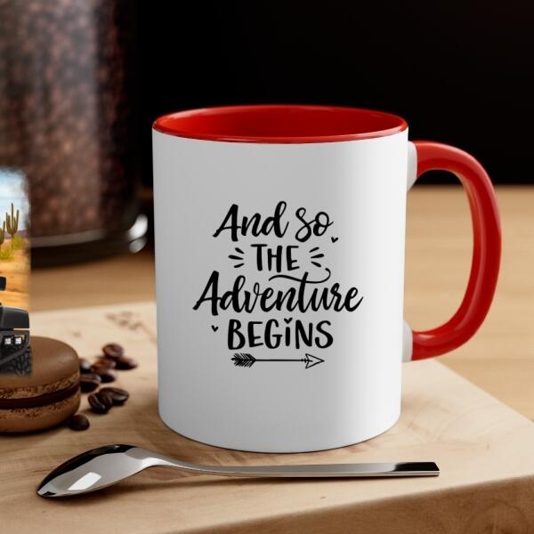 Personalized Mug, Couple With Pets Sitting On Car - And So The Adventure Begins, Gift For Couple, Car Lovers, Dog Lovers, Cat Lovers
