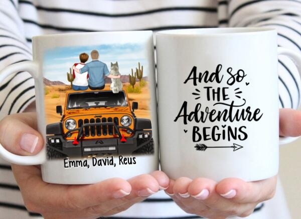 Personalized Mug, Couple With Pets Sitting On Car - And So The Adventure Begins, Gift For Couple, Car Lovers, Dog Lovers, Cat Lovers