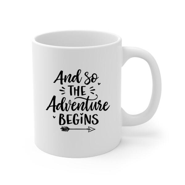 Personalized Mug, Couple With Pets Sitting On Car - And So The Adventure Begins, Gift For Couple, Car Lovers, Dog Lovers, Cat Lovers