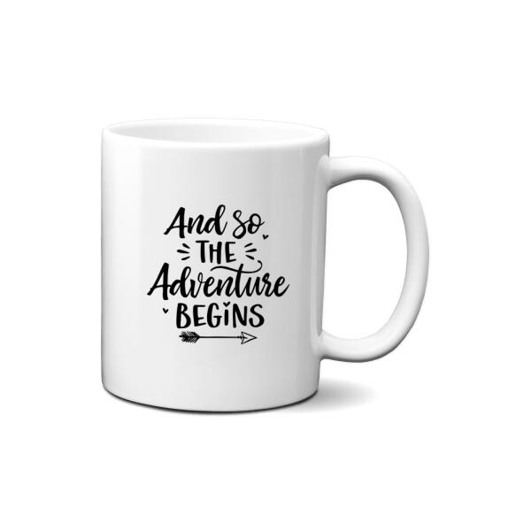 Personalized Mug, Couple With Pets Sitting On Car - And So The Adventure Begins, Gift For Couple, Car Lovers, Dog Lovers, Cat Lovers