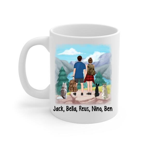 Personalized Mug, Hiking Couple With Dogs, Gift For Hikers And Dog Lovers