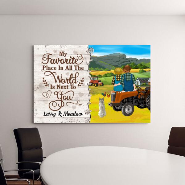 Personalized Canvas, My Favorite Place In All The World Is Next To You, Farming Couple Sitting On Tractor, Up To 3 Dogs, Gift For Farmers, Dog Lovers