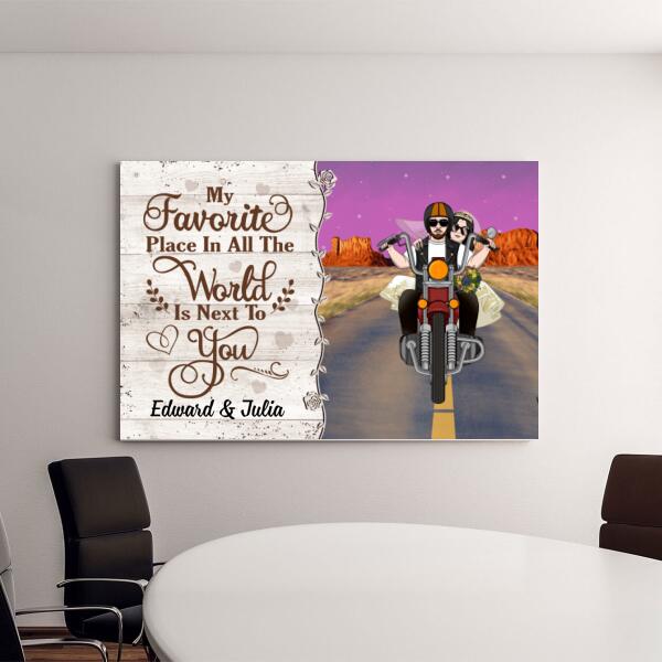 Personalized Canvas, My Favorite Place In All The World Is Next To You, Biker Couple, Gift For Motorcycle Fans