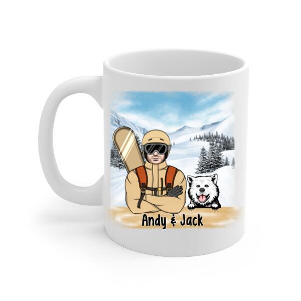 Personalized Mug, Snowboarding Man With Dogs, Gift For Snowboarders And Dog Lovers