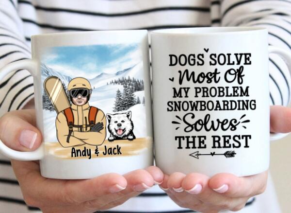 Personalized Mug, Snowboarding Man With Dogs, Gift For Snowboarders And Dog Lovers