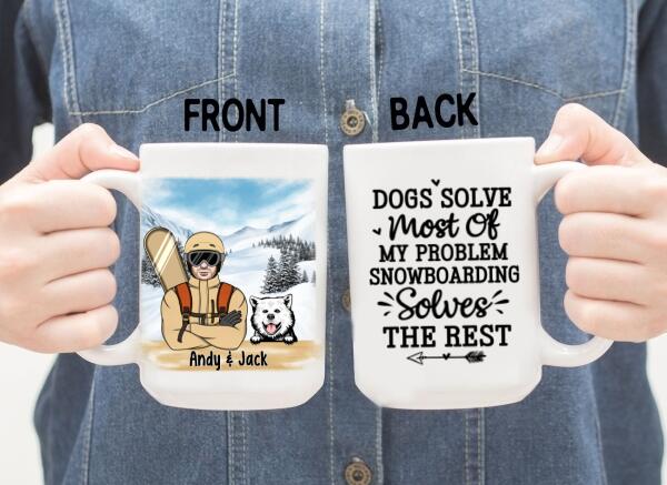 Personalized Mug, Snowboarding Man With Dogs, Gift For Snowboarders And Dog Lovers