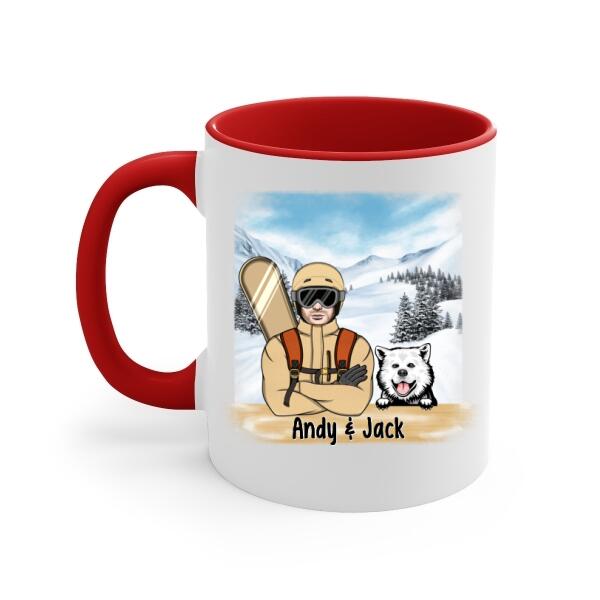 Personalized Mug, Snowboarding Man With Dogs, Gift For Snowboarders And Dog Lovers