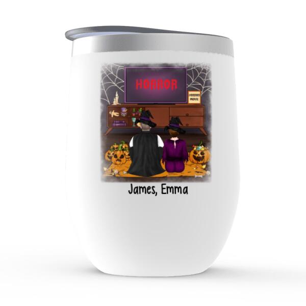 Personalized Wine Tumbler, Cuddle And Watch Horror Movies Couple, Gifts For Halloween, Gifts For Couple