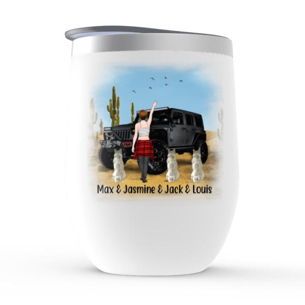 Personalized Wine Tumbler, Adventure Girl With Cats And Dogs, Custom Gift For Dogs and Car Lovers