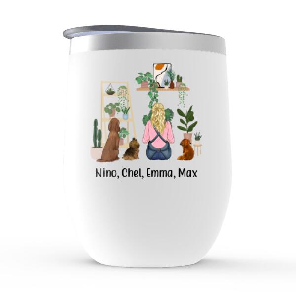 Personalized Wine Tumbler, A Girl Gardening With Dogs, Gift For Gardeners And Dog Lovers