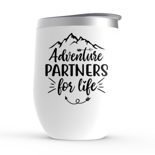 Personalized Wine Tumbler, Girl With Pets Sitting On Car - Adventure Partners For Life, Gift For Car Lovers, Dog Lovers, Cat Lovers