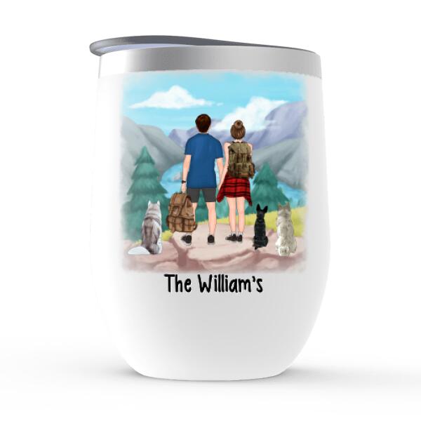 Personalized Wine Tumbler, Hiking Couple With Dogs, Gift For Hikers And Dog Lovers