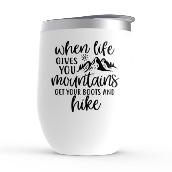 Personalized Wine Tumbler, Hiking Couple With Dogs, Gift For Hikers And Dog Lovers