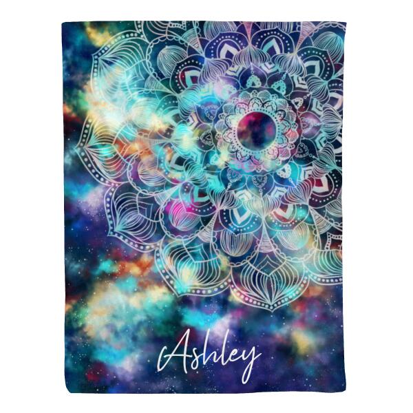 Personalized Blanket, Bohemian Hippie Mandala Flower on Colorful Universe Nebula Background, Gift For Mandala Lovers