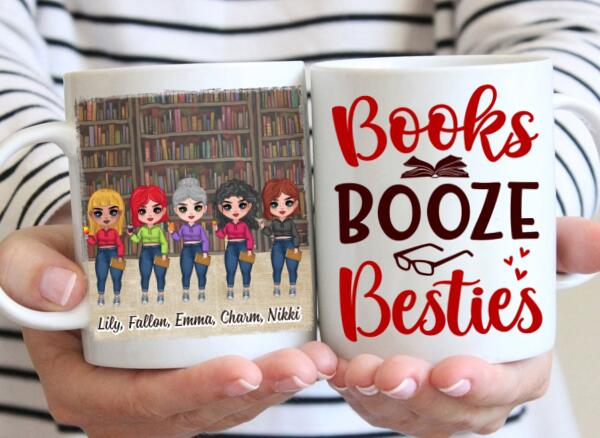 Up To 5 Girls Books Booze Besties - Personalized Mug For Friends, Book