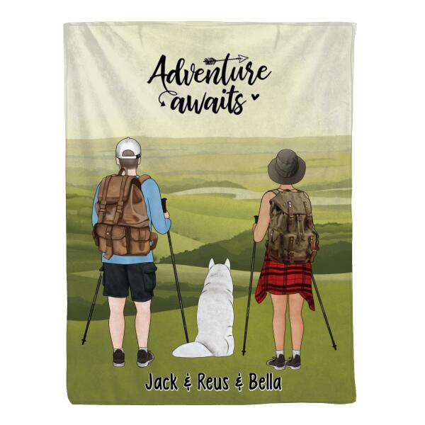 Hiking Couple And Dogs - Personalized Blanket For Her, Him, Dog Lovers, Hiking