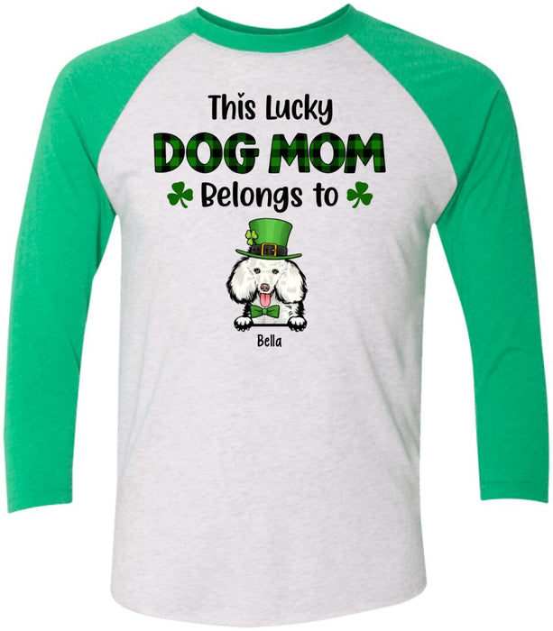 Personalized This Lucky Dog Mom Belongs to Dogs Shirt, Custom St Patricks Day Dog Mom Shirt for Dog Lovers