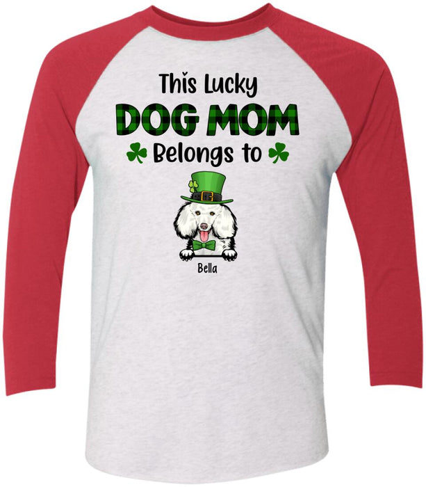 Personalized This Lucky Dog Mom Belongs to Dogs Shirt, Custom St Patricks Day Dog Mom Shirt for Dog Lovers