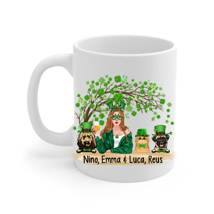 Girl And Pets Shenanigans Begin - Personalized Mug Dog Lovers, Cat Lovers, St. Patrick's Day