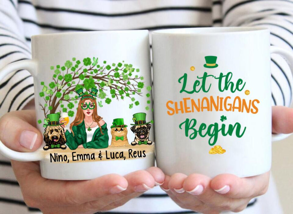 Girl And Pets Shenanigans Begin - Personalized Mug Dog Lovers, Cat Lovers, St. Patrick's Day