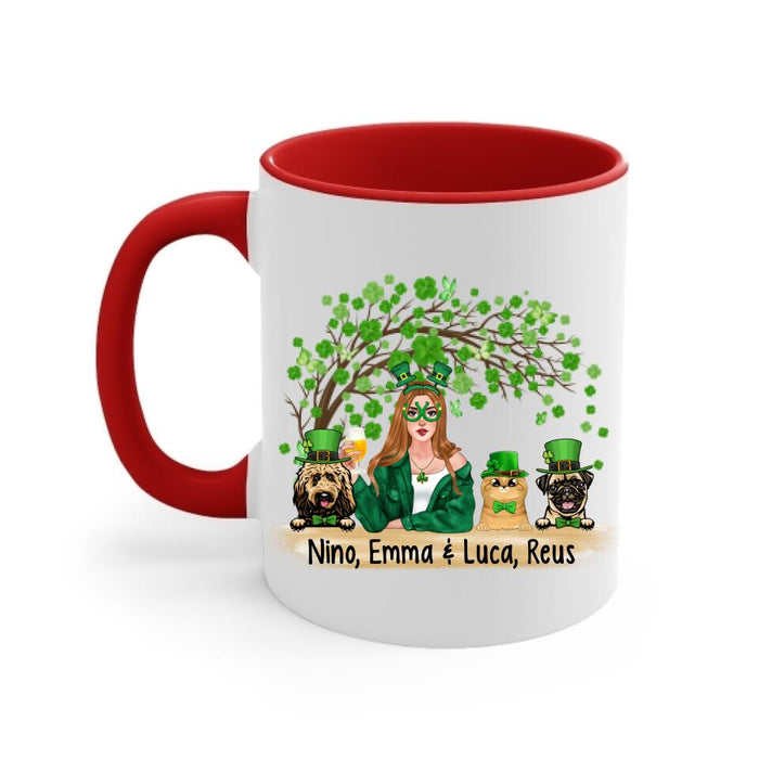 Girl And Pets Shenanigans Begin - Personalized Mug Dog Lovers, Cat Lovers, St. Patrick's Day