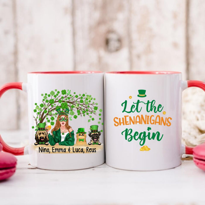 Girl And Pets Shenanigans Begin - Personalized Mug Dog Lovers, Cat Lovers, St. Patrick's Day