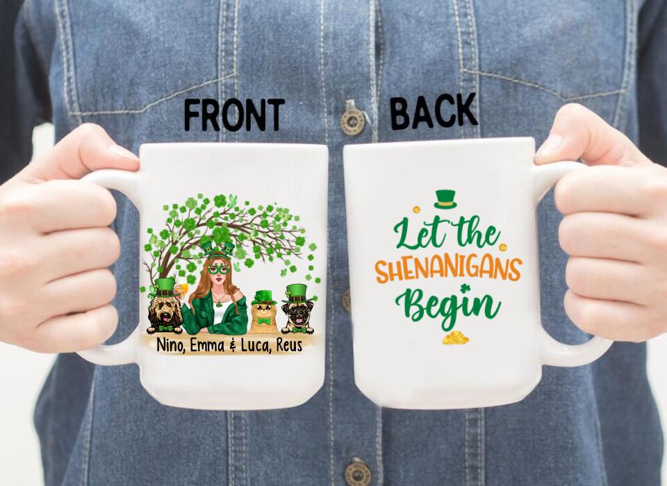 Girl And Pets Shenanigans Begin - Personalized Mug Dog Lovers, Cat Lovers, St. Patrick's Day