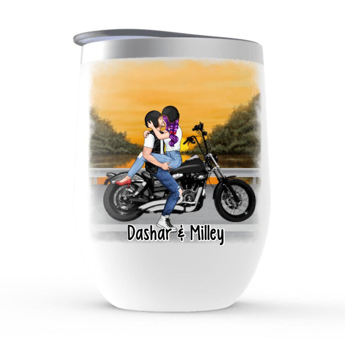 Kissing Motorcycle Couple - Personalized Wine Tumbler For Him, For Her, Motorcycle Lovers