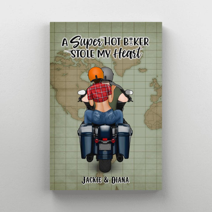 A Super Hot Biker Stole My Heart - Personalized Canvas For Couples, Motorcycle Lovers