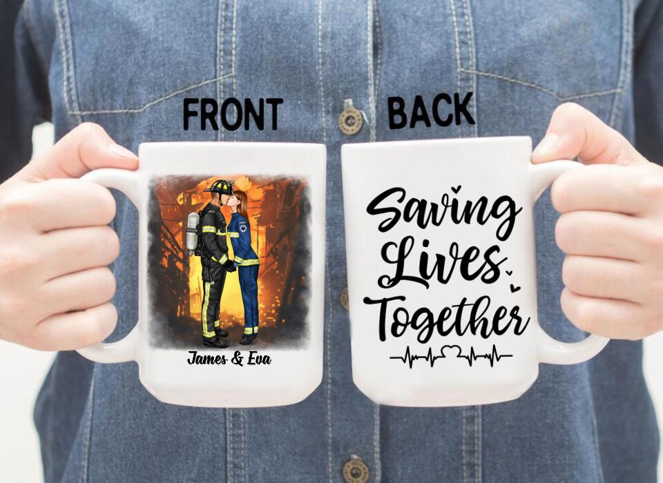 Saving Lives Kissing Couple - Personalized Mug Firefighter, EMS, Nurse, Police Officer, Military