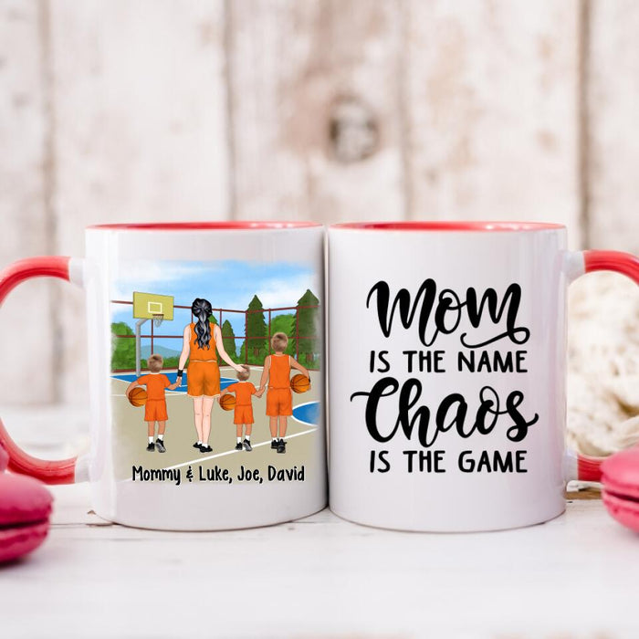 Up To 3 Sons Mom Is The Name Chaos Is The Game - Personalized Mug For Her, Mom, Basketball