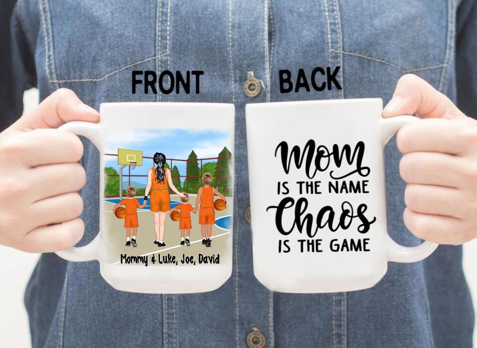 Up To 3 Sons Mom Is The Name Chaos Is The Game - Personalized Mug For Her, Mom, Basketball