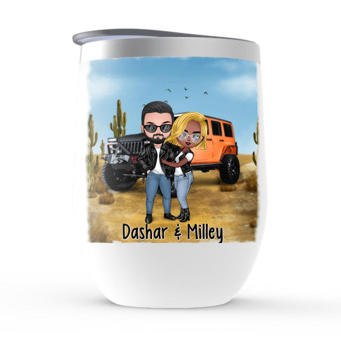 Off-Road Couple Hugging, Driving Together - Personalized Wine Tumbler For Car Lovers, Off-Road