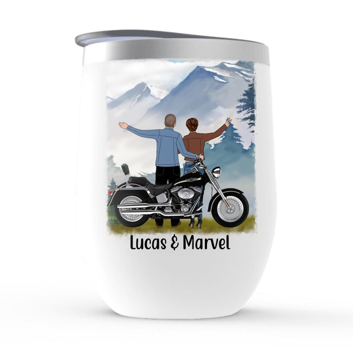 He Keeps Me Safe She Keeps Me Wild - Personalized Wine Tumbler For Couples, Motorcycle Lovers