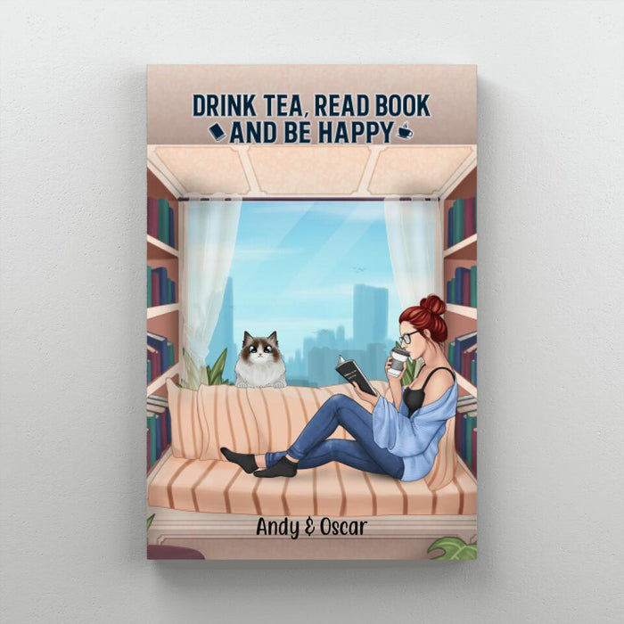 Personalized Canvas, Woman Reading Book With Pet Custom Gift For Cat Dog Lovers