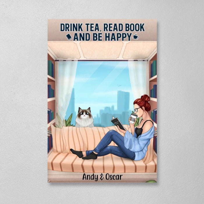 Personalized Canvas, Woman Reading Book With Pet Custom Gift For Cat Dog Lovers