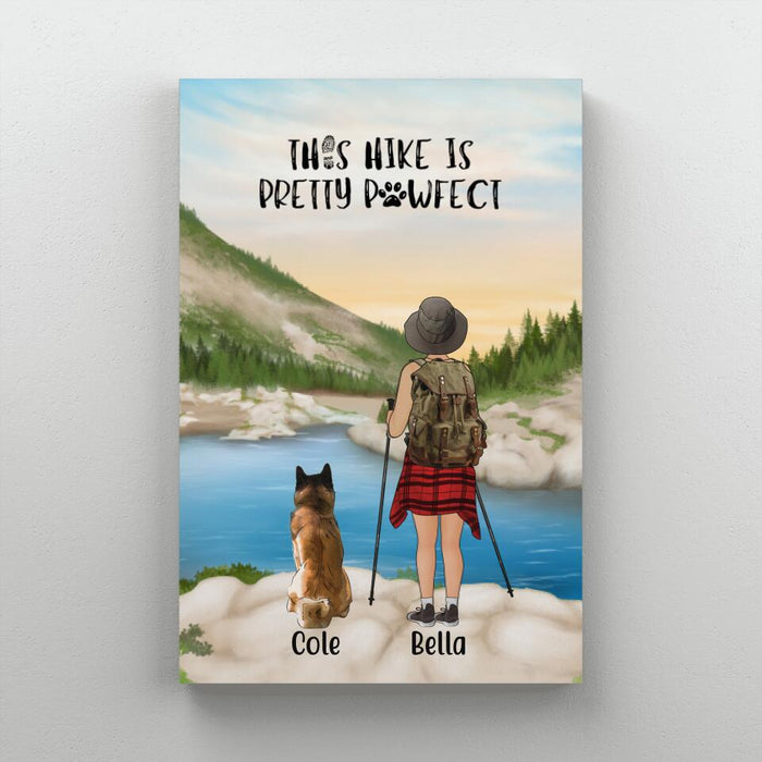 Personalized Canvas, Woman Hiking with Dogs, Gift for Hiking and Dog Lovers