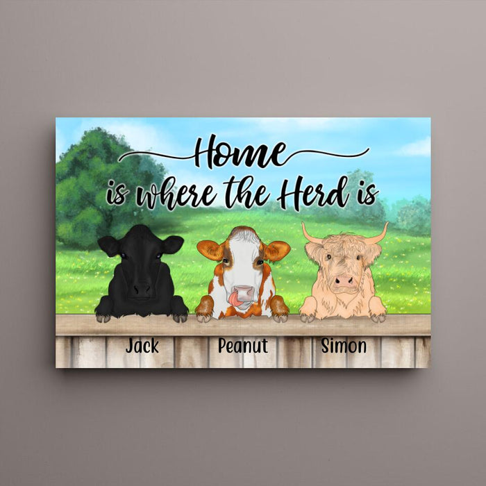 Personalized Canvas, Cow Peeking Home Is Where The Herd Is Custom Gift For Farmers