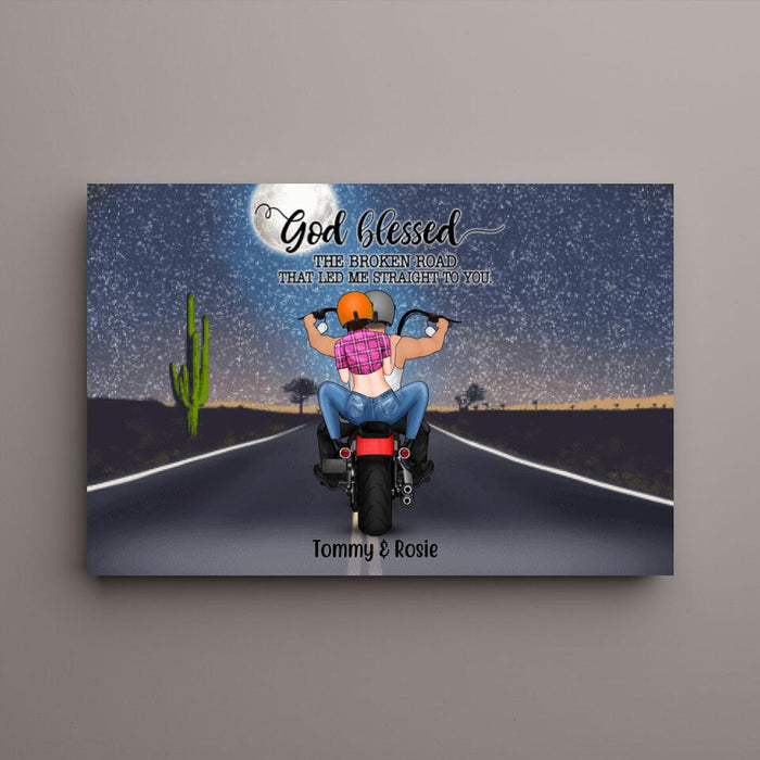 Personalized Landscape Canvas, Motorcycle Couple, Gift For Bikers