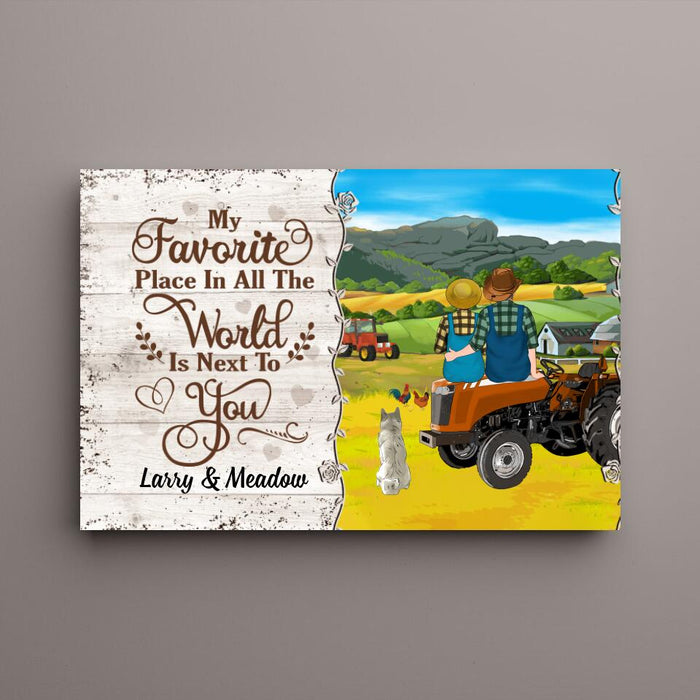 Personalized Canvas, My Favorite Place In All The World Is Next To You, Farming Couple Sitting On Tractor, Up To 3 Dogs, Gift For Farmers, Dog Lovers