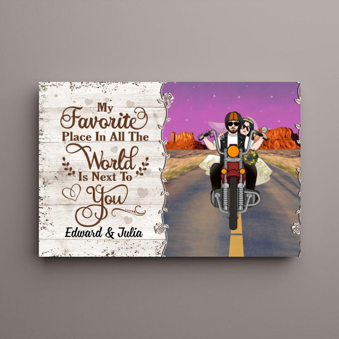 Personalized Canvas, My Favorite Place In All The World Is Next To You, Biker Couple, Gift For Motorcycle Fans