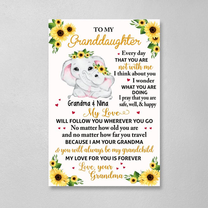 Personalized Portrait Canvas, To My Granddaughter, Floral Elephant Grandma And Granddaughter, Gift For Granddaughter