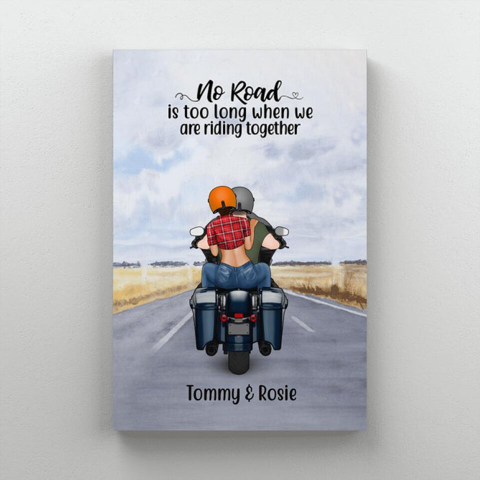 Personalized Canvas, Motorcycle Couple, No Road Is Too Long, Gift For Couple, Biker Couple, Motorcycle Lovers