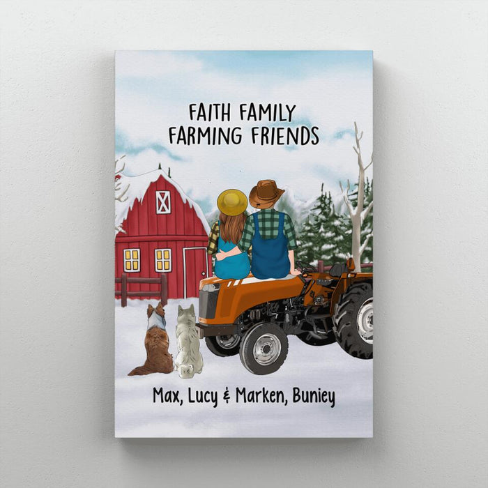 Personalized Canvas/Poster, Farming Couple On Tractor With Dogs, Winter Theme, Gift For Farmers And Dog Lovers