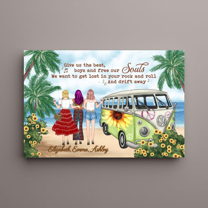 Personalized Canvas, Hippie Girls On Beach, Christmas Gifts for Boho and Car Lovers