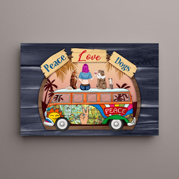 Personalized Canvas, Hippie Girl with Dogs On Bus, Gift for Hippie and Dog Lovers